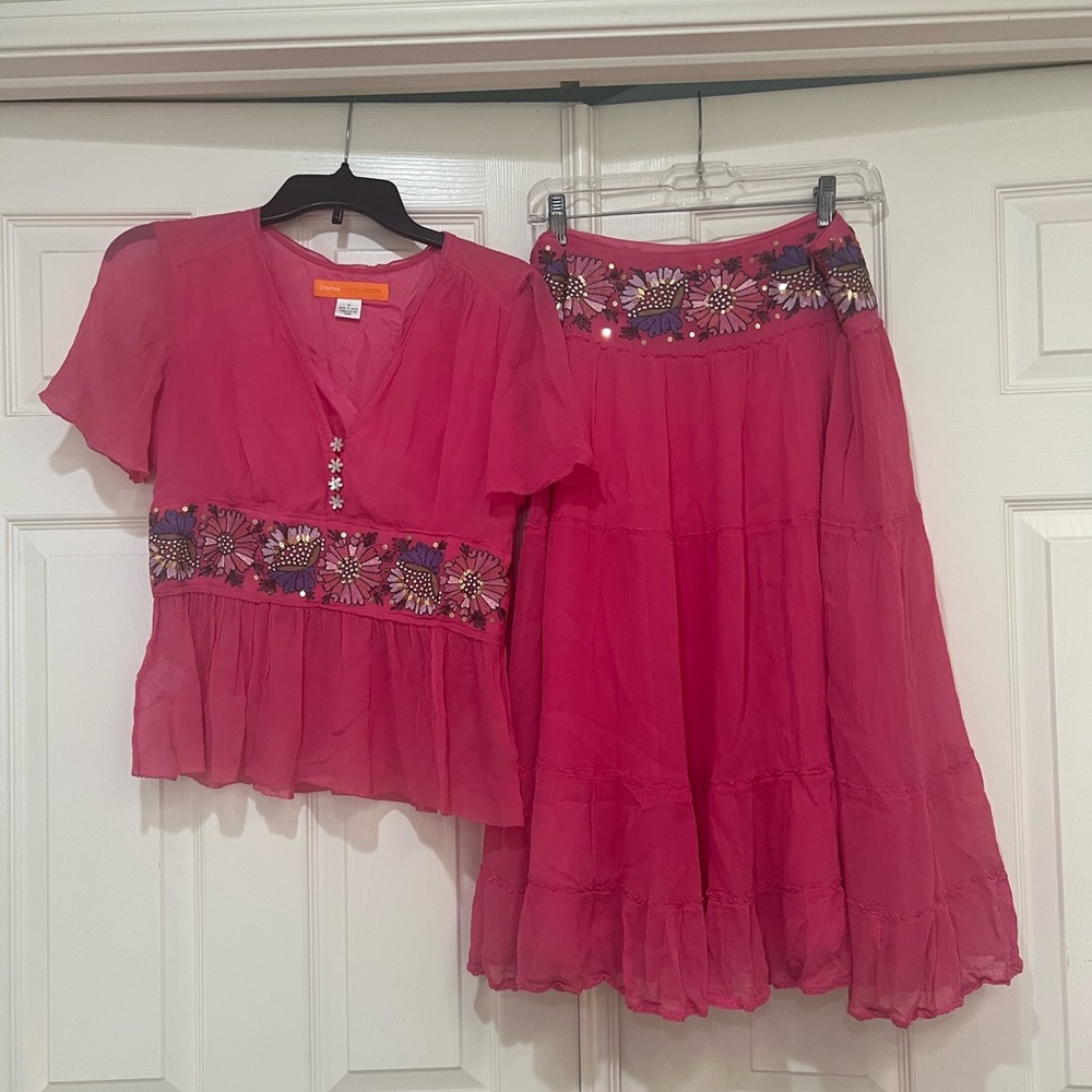 Cynthia  Steffens 100‎ Silk Pink Gauze Skirt &Blouse . Skit 10 top 8